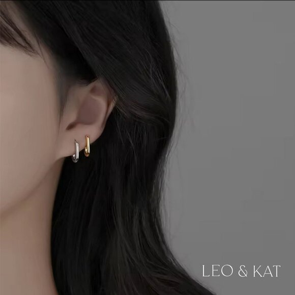 Rounded Rectangle Huggie Earrings in Gold & silver. 925 Sterling Silver. #1068 - Picture 4 of 5